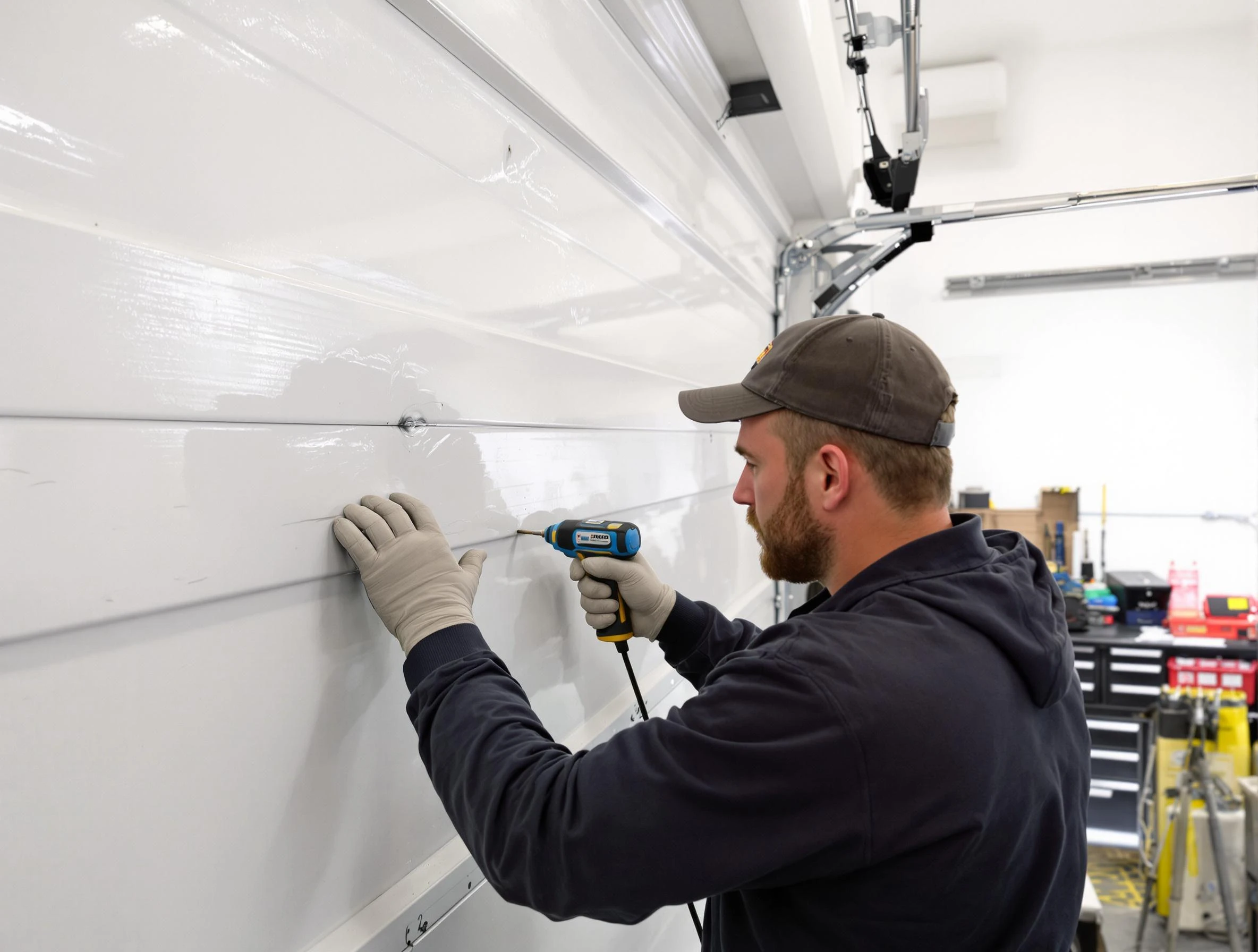 Cherry Hills Village Garage Door Repair technician demonstrating precision dent removal techniques on a Cherry Hills Village garage door